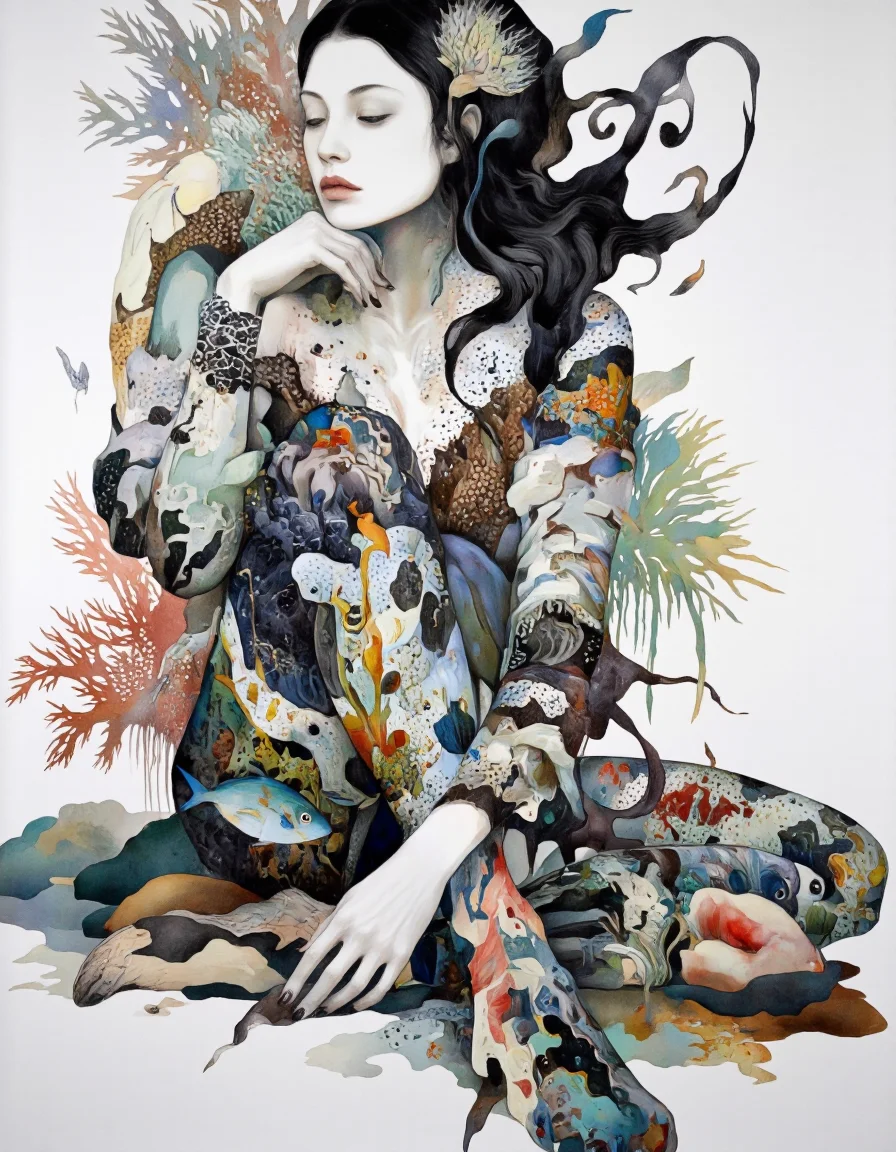 Art by Vvika & Akiya Kageichi.
A surreal, abstract painting of a woman with a white face and black hair, sitting on the ground with her legs crossed. Her body is composed of various organic elements, including coral, seaweed, and fish, creating a complex and intricate design. The woman's hands are white with black fingertips, and her nails are painted black. She is surrounded by a vibrant array of colors including black, white, green, red, blue, and yellow. The background is white, and the overall composition is horizontal and rectangular. The painting has a dreamlike, underwater quality, blending human and marine forms in a striking and imaginative way.