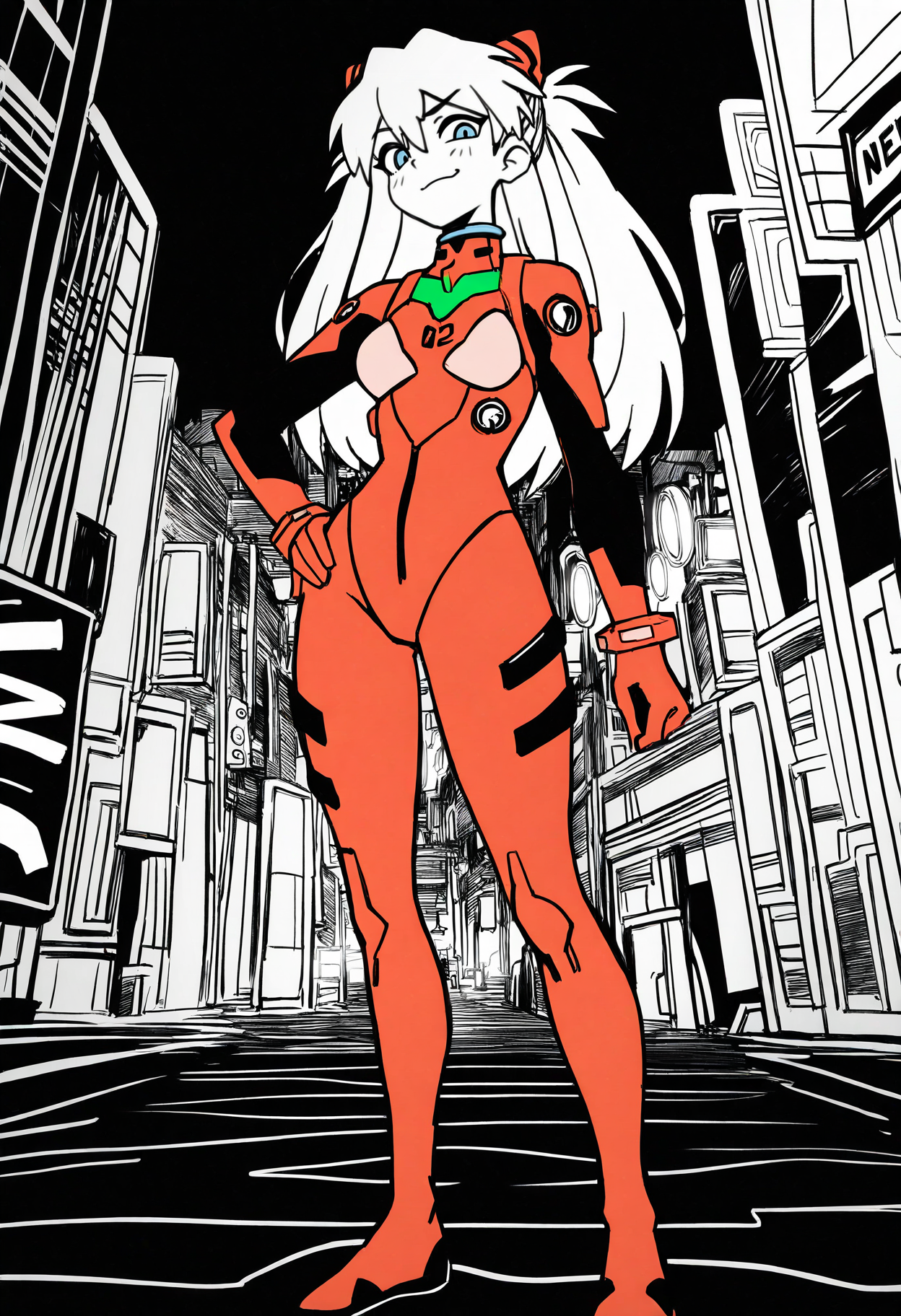 masterpiece, best quality, very aesthetic, absurdres,
monochrome, greyscale, sketch, 
1girl, asuka langley, red plugsuit, standing, smug, looking at viewer, futuristic background, neon light , buildings, night  <lora:OmoriNoobLocon_byKonan:1>