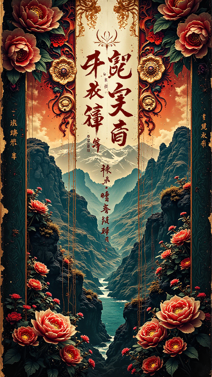 In bold, capital letters against a backdrop of swirling colors and intricate patterns, the title "Inuit Ao Dai" is displayed. The poster features an epic landscape, depicted in the style of Han Dynasty tattoos, Fall, secretlab,silver object,bronze frame, bronze
