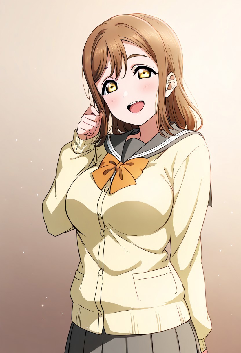 masterpiece, best quality, solo, 1girl, aged up, happy, large breasts, 
hanamaru, long hair, bangs, brown hair, yellow eyes, long sleeves, bow, serafuku, bowtie, cardigan, uranohoshi school uniform, yellow cardigan,