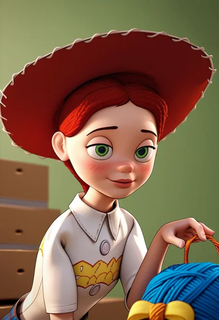 score_9, score_8, score_7, score_6, Jes_sie, 1girl, rating_explicit, red hair, hat, leaning forward, tight shirt, seductive eyes, seductive smile, plastic skin, yarn hair, toy, exposed shoulders