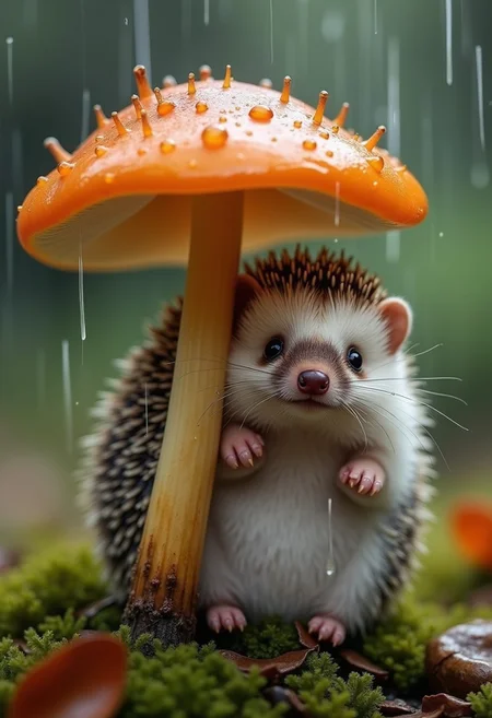 A photorealistic image with artistic enhancements captures a small, endearing hedgehog sheltered beneath a vibrant, burnt-orange mushroom in the midst of a gentle rain shower, rendered in a style that merges Nature Photography, Whimsical Wildlife Art, and Bokeh Cinematography. The scene exudes a serene and slightly magical atmosphere, as the hedgehog, with its soft brown and white mottled paws, peers upward with a gentle, almost curious expression, seemingly content under its natural umbrella. The hedgehog spikes are delicately textured, each strand catching the soft, diffused light, which highlights their slightly damp appearance from the rain. The mushroom, with its smooth, glossy cap, stands tall and vibrant, its bright orange hue contrasting beautifully with the surrounding natural tones of green moss and soft brown feathers. The mushroom's cap curves gently, showing off its pale gills underneath, and provides just enough cover for the small hedgehog, adding a whimsical touch to the composition. The rain, depicted as soft, vertical streaks, interacts with both the mushroom and the hedgehog, creating tiny splashes and further enhancing the sense of a fresh, rainy forest scene. The ground, covered in lush, thick moss, ranges in color from deep forest green to lighter yellowish tones, with small leaves and twigs scattered throughout, adding detail and grounding the scene in a natural, earthy environment. The background, with its soft, blurred bokeh