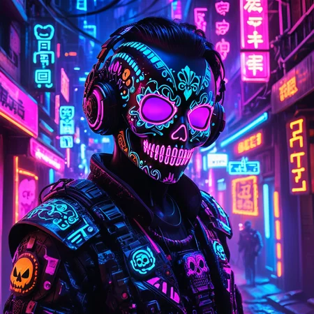 masterpiece,high resolution
1 figure, solo, cyberpunk Day of the Dead theme, wearing a glowing neon sugar skull face mask, intricate glowing patterns in vibrant colors like neon pink, blue, and orange. The figureâs eyes are illuminated with bright purple light, and the outfit features high-tech armor with neon circuitry running through it. Set in a dark, futuristic city during a festival, neon lights and glowing decorations fill the background, creating a vibrant, eerie atmosphere. Halloween and cyberpunk aesthetics blend together with glowing technology and traditional elements
, <lora:halloween_x_cyberpunk-xl-9:0.6>