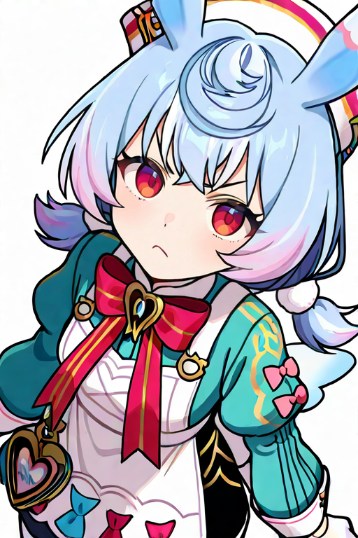 masterpiece, High quality, Ultra detailed, 2d, newest, absurdres, highres, BREAK
1girl, solo, <lora:sigewinne:0.8>, low twintails, pom pom hair ornament, blue hair, white headwear, animal ears, red eyes, 
small breasts, sigewinneDef, long sleeves, white apron, aqua shirts, red bowtie, puffy sleeves, white gloves, shorts, black shorts, apron ornament, striped bows, white pantyhose, wings, white back bow, short tail, 
looking at viewer, angry, closed mouth, from above,