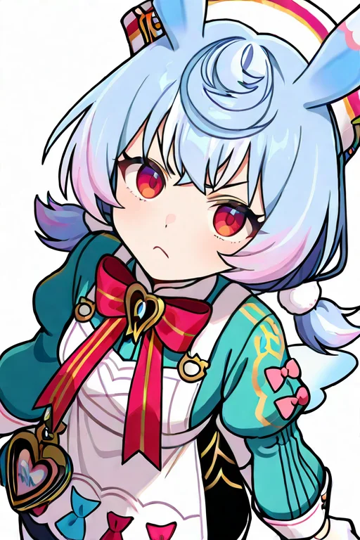 masterpiece, High quality, Ultra detailed, 2d, newest, absurdres, highres, BREAK
1girl, solo, <lora:sigewinne:0.8>, low twintails, pom pom hair ornament, blue hair, white headwear, animal ears, red eyes, 
small breasts, sigewinneDef, long sleeves, white apron, aqua shirts, red bowtie, puffy sleeves, white gloves, shorts, black shorts, apron ornament, striped bows, white pantyhose, wings, white back bow, short tail, 
looking at viewer, angry, closed mouth, from above,