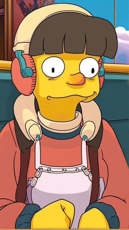 A frame from The Simpsons featuring Lofi girl <lora:SDXL-LofiGirl-Lora:1>, Very detailed, clean, high quality, sharp image
