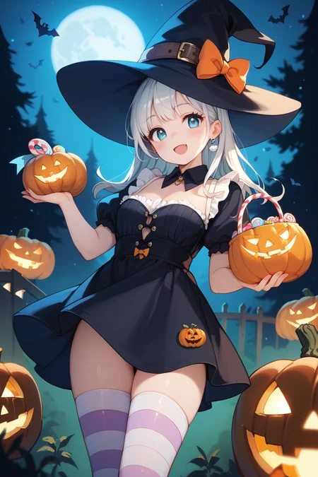 score_9, score_8_up, score_7_up, <lora:halloween:0.7>, A cute anime girl in a witch hat, holding a jack-o'-lantern bucket filled with candy. She's wearing striped thigh-highs and a Halloween-themed outfit. The background is a spooky forest with a full moon.