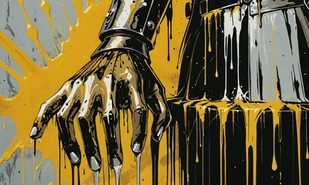 pulp style, Dripping Paint Splatter Art, alluring "Silver Hand Knight", dramatic, paint drips, splatters, dripping paint, <lora:The_Pulp_Session:0.81>, luxury, beautiful composition, fine polished, luxurious sharp focus, sublime