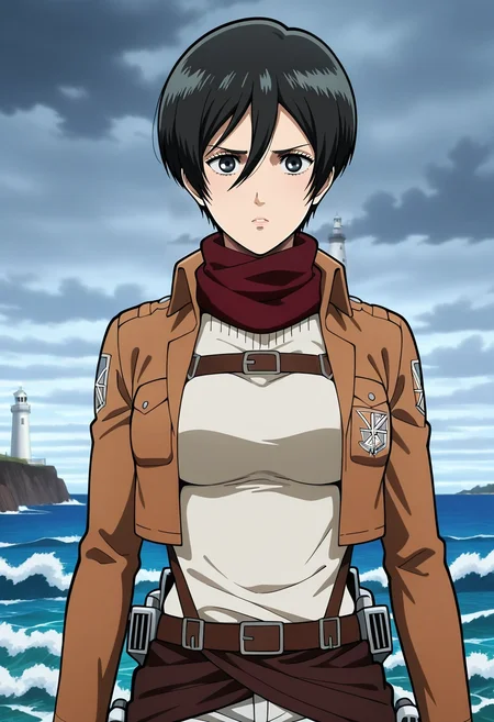 masterpiece, best quality, intricate details, anime screencap, anime coloring, official style, looking at viewer, , 1girl, solo, <lora:mikasa_ackerman_ilxl:0.96>, mikasa_ackerman, black hair, black eyes, very short hair, pixie cut, scarf, jacket, paradis military uniform, three-dimensional maneuver gear, lighthouse, stormy sea, crashing waves, rocky coast, looking out, concerned expression, overcast sky, Cargo jogger shorts, Mock neck sweater, , ,