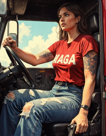 Peterbilt 379 Trucks, strong karolineleavitt woman with big fist is driving a truck, the woman has a red MAGA shirt, and an eagle tattoo on his shoulder, power and strengths, a rebellious karolineleavitt woman. One hand is on the steering wheel, the other hand holds a gun, a magnum 44.  Captured from a three-quarter angle, emphasizing both their expression and background behind. The clothes are worn and the pre-washed and torn jeans have oil stains.  <lora:CPA:0.7> <lora:RetroAnimeFluxV1:0.7> <lora:Mezzotint_Artstyle_for_Flux_-_by_Ethanar:0.7> anime <lora:Karoline_Leavitt_FLUX:1>