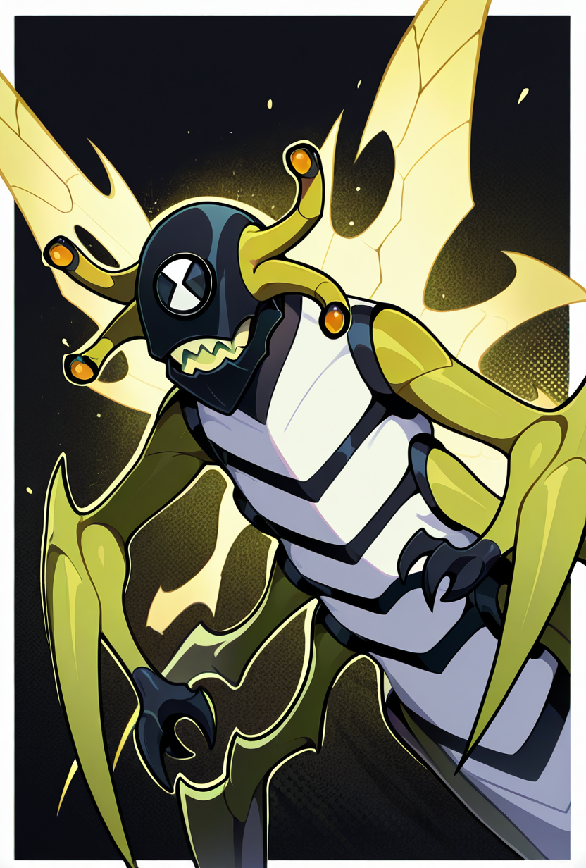 <lora:stinkfly-06:1> stinkfly, solo, no humans, monster, bug, yellow insect wings, pokemon (creature),black gloves, green arms , sharp teeth, arthropod legs, antennae, masterpiece, best quality, amazing quality, very aesthetic, absurdres, newest,, upper body, halftone effect, white borders, abstract background:1.2,