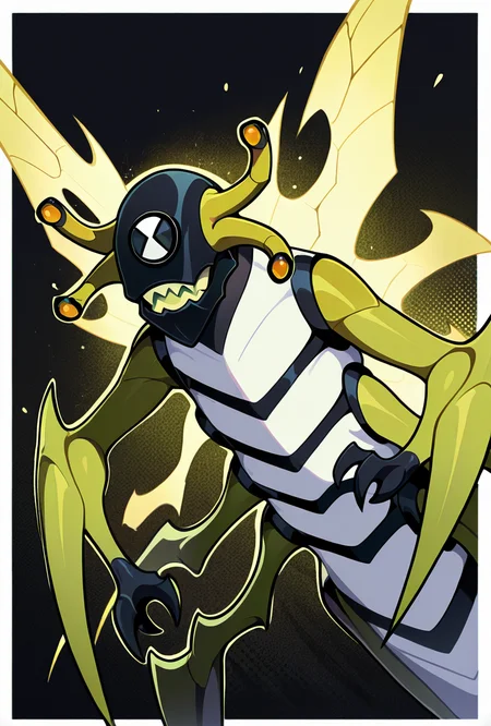 <lora:stinkfly-06:1> stinkfly, solo, no humans, monster, bug, yellow insect wings, pokemon (creature),black gloves, green arms , sharp teeth, arthropod legs, antennae, masterpiece, best quality, amazing quality, very aesthetic, absurdres, newest,, upper body, halftone effect, white borders, abstract background:1.2,