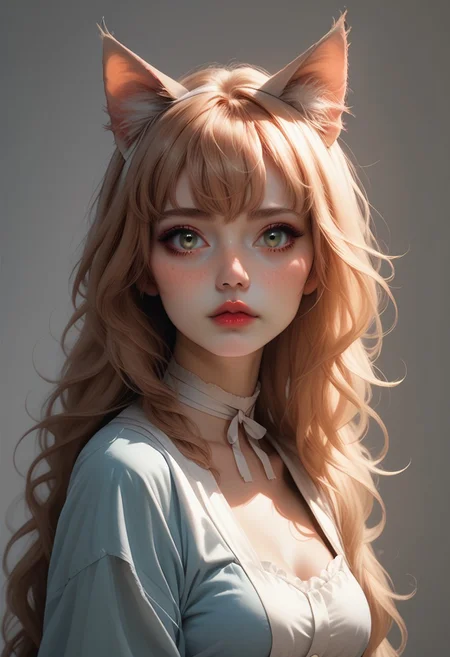 ASCII, photorealistic, OLED, score_9, score_8_up, score_7_up, score_6_up, 1girl, green eyes, soft freckles, copper hair, bangs, strands of hair falling over the face, long hair, cat ears, ((full body, eyes view)), medium breasts, simple grey background <lora:SnowFoxeij-000006:0.8>, white ribbon choker, looking to viewer, cute face, blue summer dress, cat tail