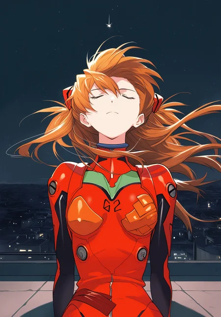 masterpiece,absurdres,best quality,high quality,<lora:Granblue Fantasy XLV3 Vpred:1>,souryuu asuka langley,close-up,rooftop,sitting,night,night sky,black theme,closed eyes,facing up,wind,serious,straight-on,leaning back,dot nose,star \(sky\),