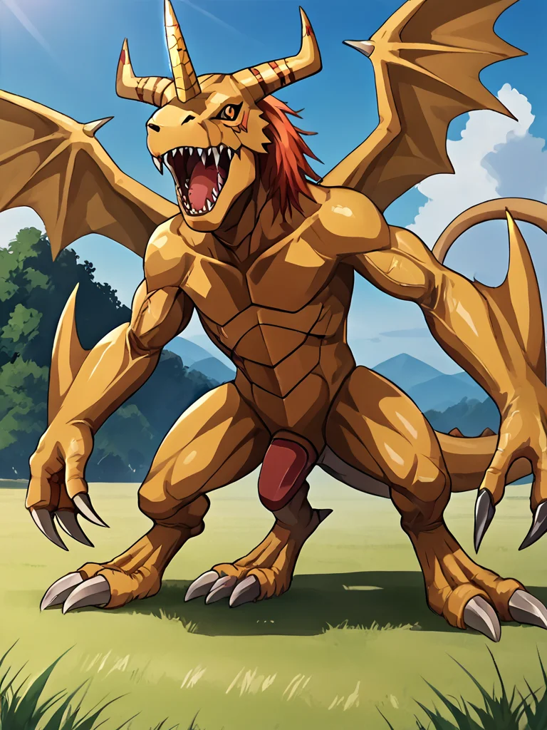 score_9, score_8_up, score_7_up, volumetric lighting, a cartoon character with a horned head and a horned tail, solo,open mouth,standing,outdoors,wings,horns,teeth,day,no humans,grass,sharp teeth,claws,monster,digimon creature, <lora:digimon_pony_v1_mx:0.9>