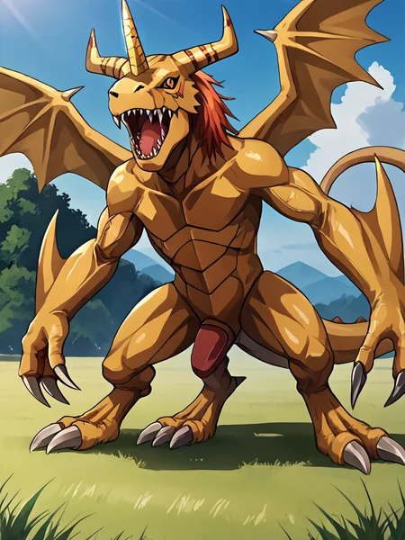 score_9, score_8_up, score_7_up, volumetric lighting, a cartoon character with a horned head and a horned tail, solo,open mouth,standing,outdoors,wings,horns,teeth,day,no humans,grass,sharp teeth,claws,monster,digimon creature, <lora:digimon_pony_v1_mx:0.9>