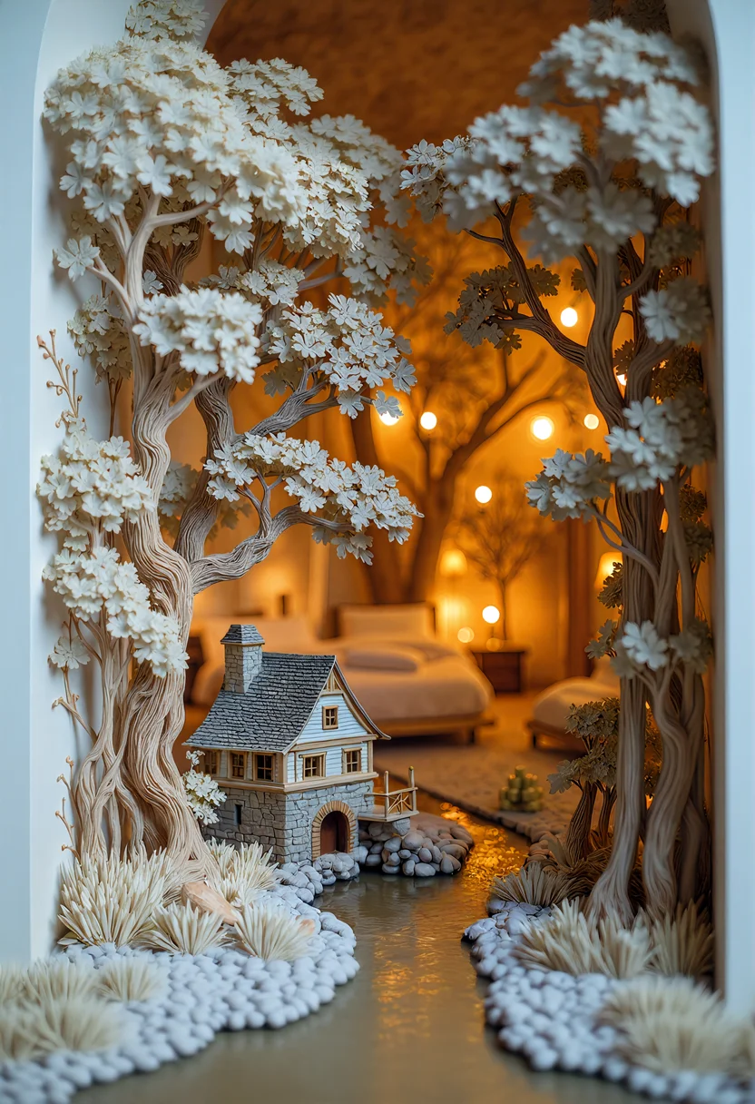 This is a photograph of an artistic scene crafted solely from paper, depicting a serene landscape from ancient times featuring an old watermill with its picturesque water wheel and a few surrounding houses. The entire scene is bathed in soft, warm hues of cream and beige, with subtle golden accents along the edges of the book adding a touch of elegance. The ambient lighting casts shadows that give character to the scene. Through the intricate cut-outs of the trees, a cozy and warm room can be perceived in the blurred background, filled with many bedside lamps, creating a warm ambiance with soft, golden lighting. The work, made entirely of paper, features detailed cut-outs that create a striking contrast with the blurred background, drawing the viewer into this enchanting, fairy tale-like landscape.