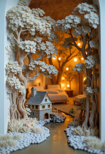 This is a photograph of an artistic scene crafted solely from paper, depicting a serene landscape from ancient times featuring an old watermill with its picturesque water wheel and a few surrounding houses. The entire scene is bathed in soft, warm hues of cream and beige, with subtle golden accents along the edges of the book adding a touch of elegance. The ambient lighting casts shadows that give character to the scene. Through the intricate cut-outs of the trees, a cozy and warm room can be perceived in the blurred background, filled with many bedside lamps, creating a warm ambiance with soft, golden lighting. The work, made entirely of paper, features detailed cut-outs that create a striking contrast with the blurred background, drawing the viewer into this enchanting, fairy tale-like landscape.