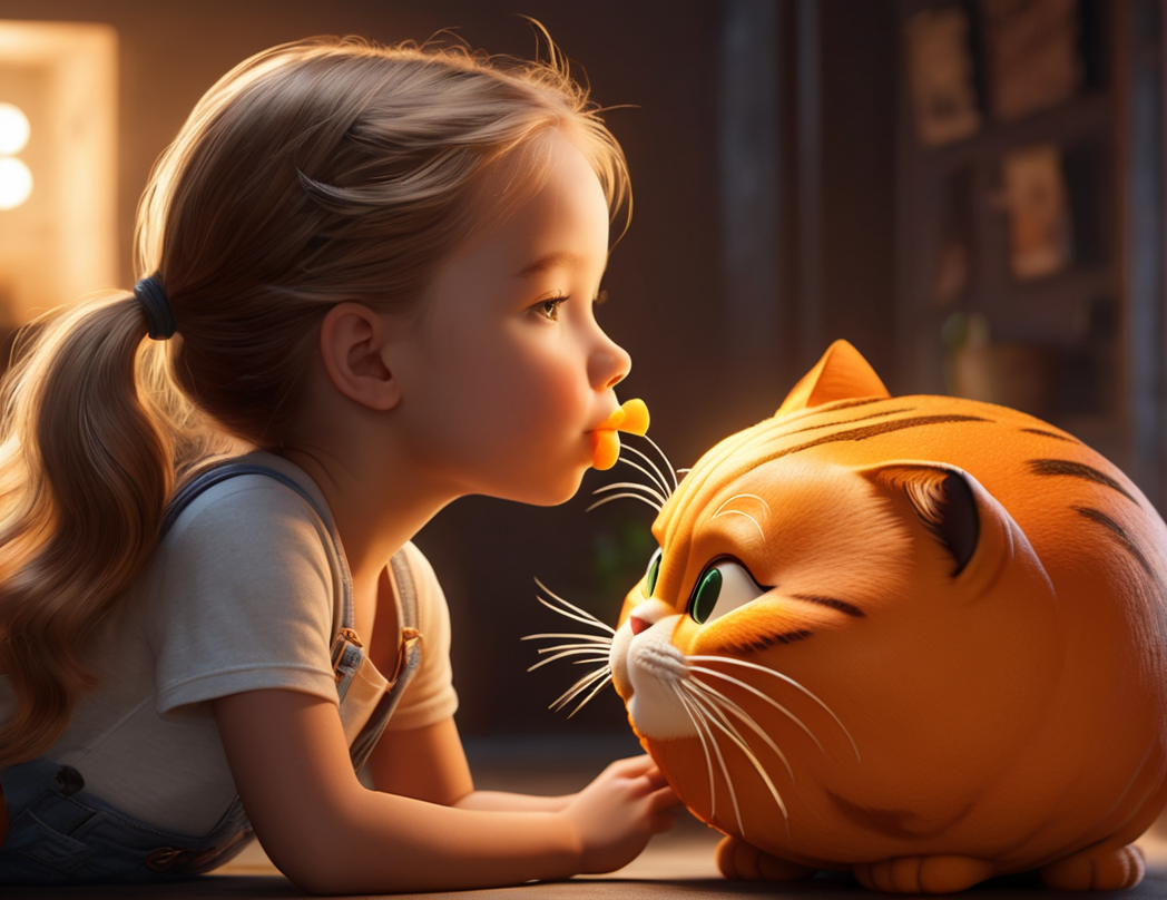 Surrealist art Close up, a Pixar-style (little girl kisses a very huge Orange Garfield cat:1. 2) with an outfit made of cheese only, the cat body bigger than the girl, in an anime style, in the style of zbrush, i can't believe how beautiful this is, realistic renderings of the human form, pseudo-realistic, luminous palette, minimalist illustrator, realistic figures, imagination, visual impact, Unreal Engine 5 rendering, skin subsurface scattering, high sampling, high pixel count, extreme facial detail, AAA level, film lighting, expensive commercial retouching, commercial post production studio lighting, 3D animation style, field effect, 8K . Dreamlike, mysterious, provocative, symbolic, intricate, detailed