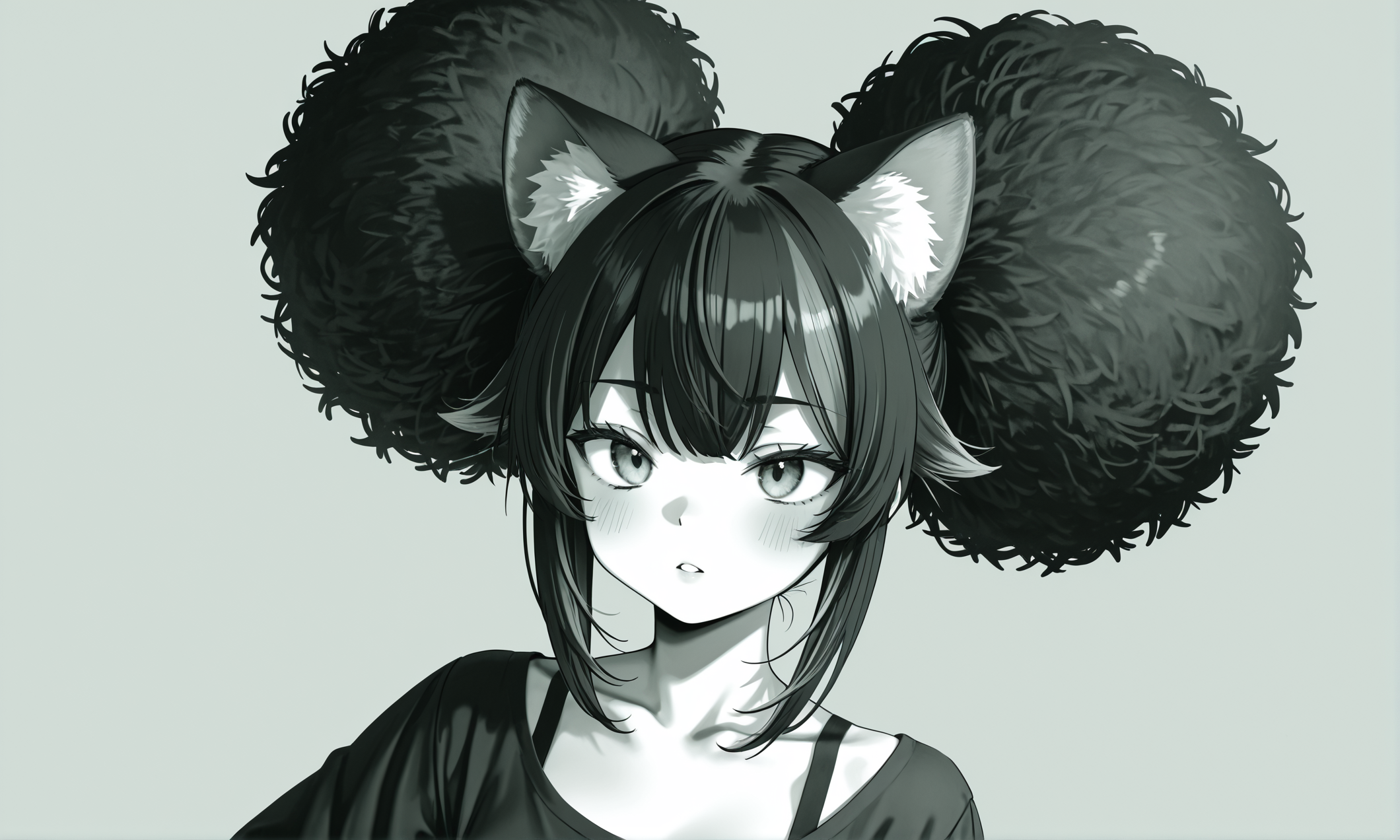 texture masterpiece, best quality, best quality, [quasarcake:crain1art:9], [dlgeria::9], (xxyt-xx:0.85), chen bin, (as109:0.5), fagun_yibei, berryverrine,
cinematic, 1girl, gradient green monochrome, fluffy hair, (from_side:0.67), looking ahead, afro puffs, hair_flaps, big hair, animal_ears, simple background, thick outlines, Standing with one hand on the hip
, (ebifurya), diathorn