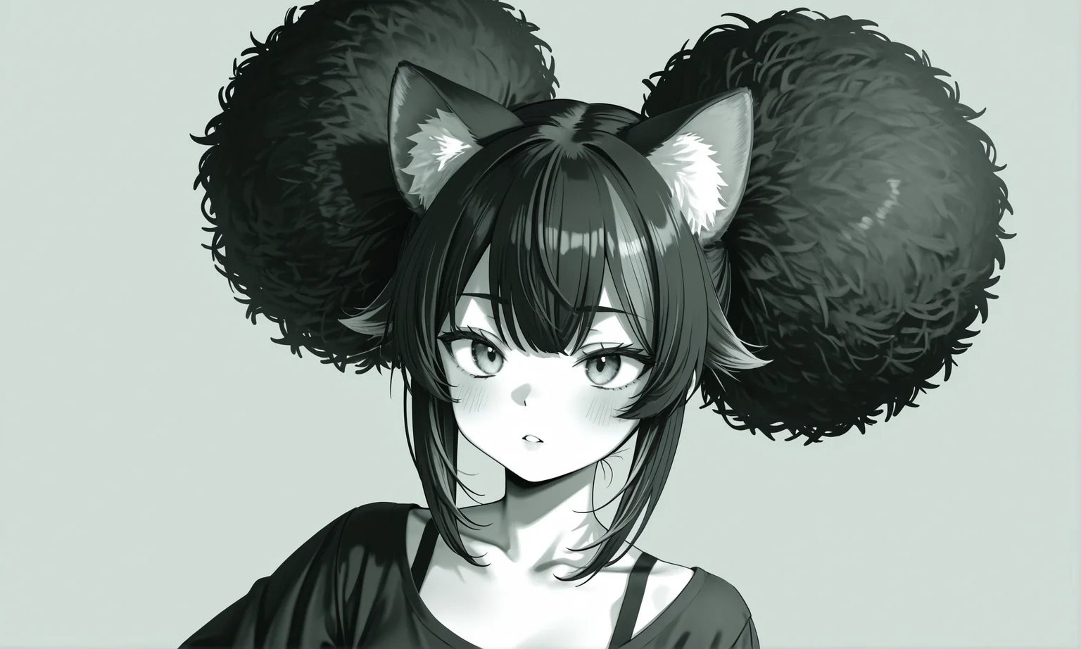 texture masterpiece, best quality, best quality, [quasarcake:crain1art:9], [dlgeria::9], (xxyt-xx:0.85), chen bin, (as109:0.5), fagun_yibei, berryverrine,
cinematic, 1girl, gradient green monochrome, fluffy hair, (from_side:0.67), looking ahead, afro puffs, hair_flaps, big hair, animal_ears, simple background, thick outlines, Standing with one hand on the hip
, (ebifurya), diathorn