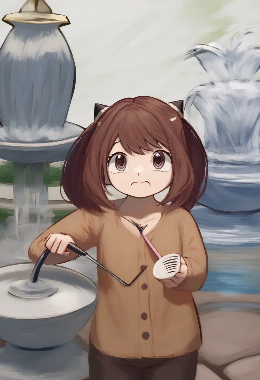 best quality,masterpiece:1.9, highres:1.9, score_9, score_8_up, score_7_up:1), 1girl,solo,newest,rating: general, looking at viewer , <lora:Anya_XL-step00001800:0.8> ,(big twintails, Cocoa brown hair, Cocoa brown eyes, female child, anya (spy x family,hairpods),child, Cocoa brown cardigan t-shirt), pants, close-up:1.9, highway, Scared, yoko zuwari, (((Fountain Pen:1.9))), ng_deepnegative_v1_75t, OverallDetail, EyeDetail, portrait, source-anime