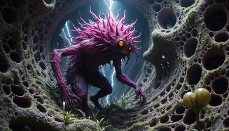 {"T5": "alienplants,A hyperrealistic photograph of a pink, rotting-skinned, regenerating monster with heat-sensing pits and an otherworldly expression, captured in a fisheye lens with shallow depth of field. The monster is in a stalking pose, waist up, set against a fractured reality background with paradoxical structures and surreal atmosphere. The scene is illuminated with chiaroscuro lighting, creating dramatic shadows and highlights. Bizarre alien plants are prominently featured in the scene, surrounded by tornadoes that add to the chaotic yet structured environment. The composition follows the rule of thirds, with the monster placed off-center to emphasize the surreal and ominous atmosphere.,", "CLIP-L": "alienplants,alienplants, baleful phantasmal monster, pink color, rotting skin, regenerating flesh, heat-sensing pits, otherworldly expression, stalking pose, fractured reality background, paradoxical structures, surreal atmosphere, fractured timeline, tornadoes, fisheye lens, shallow depth of field, waist up, chiaroscuro lighting, bizarre alien plants, highly detailed textures, 16:9 landscape format,"}
<lora:alienplants-000015:0.85>