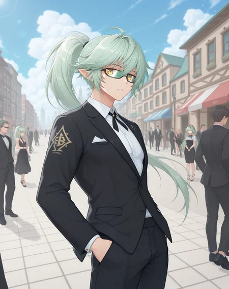 masterpiece,best quality,amazing quality, newest, very aesthetic, absurdres,
1boy, solo, yaoi, male focus, looking at viewer, cowboy shot, standing,
<lora:Zero_Summer_ilxl:1>  zerotsummer, pointy ears, long hair, ponytail, green hair, arm tattoo, yellow eyes, 
formal, tuxedo, neck ribbon, white shirt, collared shirt, black pants, shoes, black footwear, suit jacket, black jacket,
outdoors, day, blue sky, building, people,