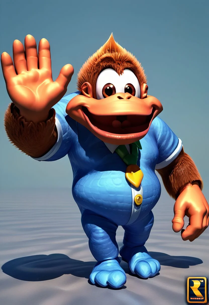 (source_furry, source_cartoon, score_9, score_8_up, score_7_up:1), solo male, kiddy kong, waving, looking at viewer, 3d