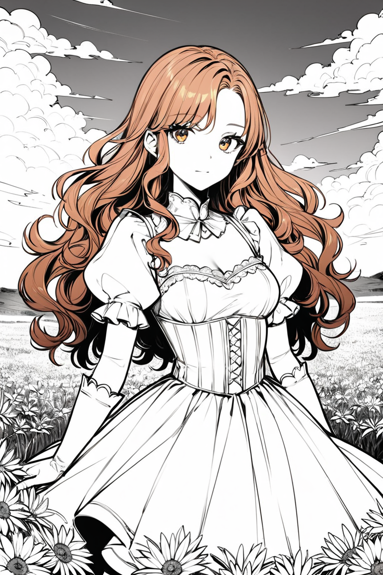 score_9, score_8_up, score_7_up, rating_safe, monochrome, greyscale, 1girl, solo, long hair, curly hair, wavy hair, orange hair, orange eyes, looking at viewer, breasts, dress, white dress, puffy sleeves, puffy short sleeves, short sleeves, gloves, elbow gloves, white gloves, cowboy shot, closed mouth, standing, outdoors, field, flower, grass, plant, sky <lora:Line Art Style LoRA XL:0.8>