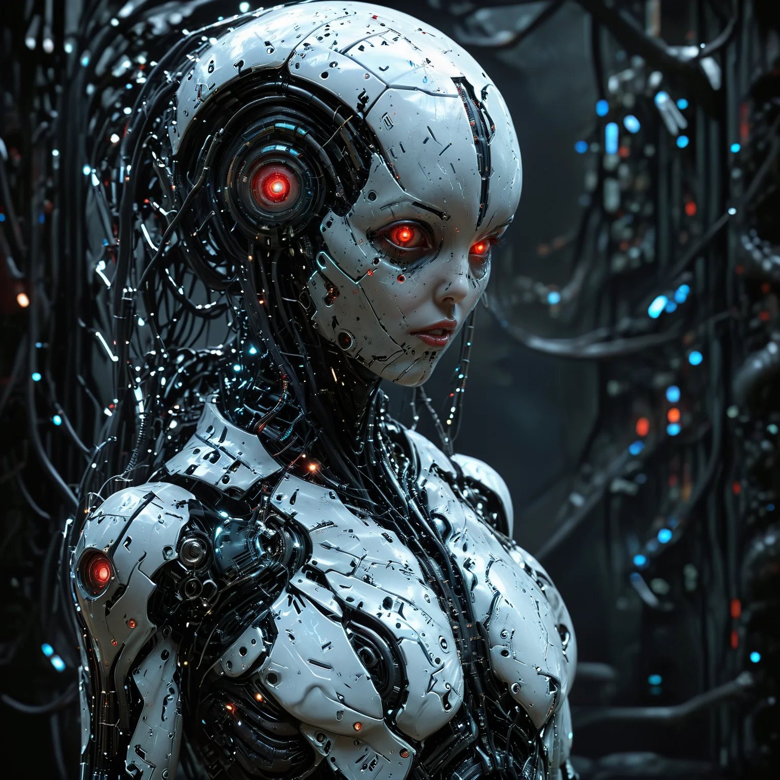 (biopunk sexy woman:1.2) with cybernetic features, cinematic, cyberpunk elements, amazing detailed, grim sci-fi, biomorph, organic and mechanical, natural light, beautiful cleavage, glowing red eyes <lora:Dark_Futuristic_Circuit_Boards:0.6> circuitboard, dark futuristic <lora:hyperkraximalism_v1-1:0.2> <lora:Faceless_Cyborgs:0.9> <lora:SDXLFaeTastic2400:0.6>