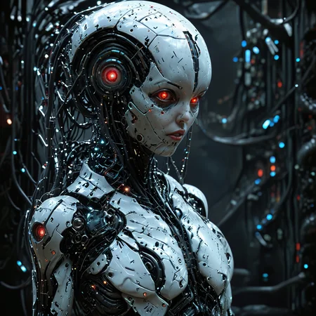 (biopunk sexy woman:1.2) with cybernetic features, cinematic, cyberpunk elements, amazing detailed, grim sci-fi, biomorph, organic and mechanical, natural light, beautiful cleavage, glowing red eyes  <lora:Dark_Futuristic_Circuit_Boards:0.6>  circuitboard, dark futuristic  <lora:hyperkraximalism_v1-1:0.2> <lora:Faceless_Cyborgs:0.9>  <lora:SDXLFaeTastic2400:0.6>