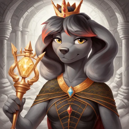 masterpiece, score_9_up, score_8_up, score_7_up, score_6_up, source_furry, (best quality:1.1), ultra-detailed, high resolution, 1dog girl, solo, Princess Molly, female, anthro, canine, slim body, (beautiful detailed yellow eyes), long eyelashes, black fur, short black hair, red hair tips, fluffy tail, big floppy dog ears, animal nose, small breast, royal outfit, crown, cave, dark, mysterious crystals, dim lighting, underground, ancient ruins, reflective crystals, looking around cautiously, holding a torch, glowing crystals, highly visible, anatomically correct, detailed background