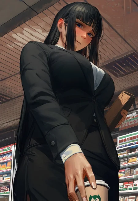 gwzs, detailed drawing,
1girl, solo,
from below,
tall height, milf, Japanese, Asian,
blue eyes, black hair, hime-cut, long hair, large breasts, baggy eyes, pupils,
Office lady, black jacket, white buttoned undershirt,
shy, looking at viewer, tired, holding latte cup,
convenience store,
