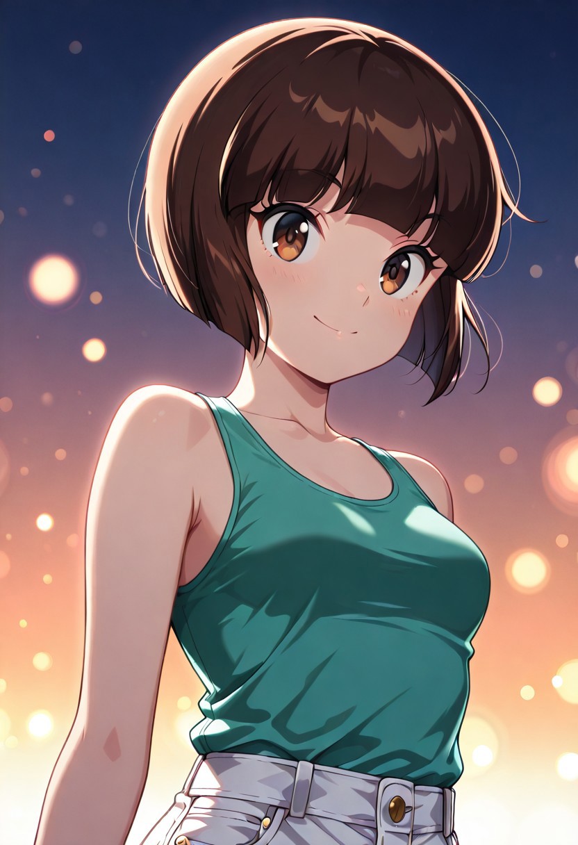 masterpiece, best quality, amazing quality, dynamic view,  solo, dynamic view,  solo, 1girl, masterpiece, best quality, bokeh, luminescent background, 
( nabikitendou,,
 short hair, brown hair, bob cut, inverted bob,  brown eyes, medium breasts,,
 green top, tank top,  sleeveles top, no bra,  bare shoulders,  white shorts, short shorts, ,   ), 
portrait, happy