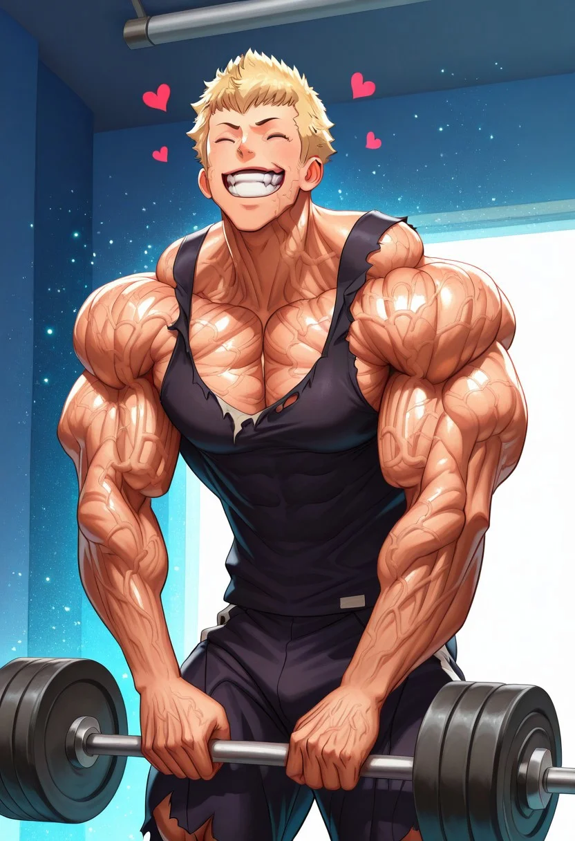 masterpiece, best quality, amazing quality, very aesthetic, absurdres, intricate details, five digits
, solo, 1boy, male focus, muscular male,clenched teeth, thick arms, weightlifting, exercise, veiny body, veiny arms, veiny neck, veiny face,
, <lora:nb-c_v2_IL-000025:1>,1boy, male focus, solo, closed eyes, smile, open mouth,heart emotes,anime, volumetric lighting, day, light particles,flexing,hulking out, muscular,torn clothes, roaring,hyper muscles growth, hyper muscles bigger,ryuji, 1boy, male focus solo, brown eyes, blonde hair, short hair,