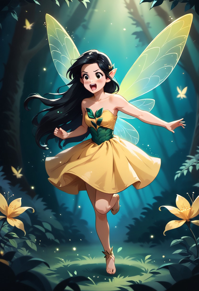 masterpiece, high quality, a girl dancing in a magical forest, dynamic action pose, cute, black long hair, yellow dress,Fairy Wings , j_huiben