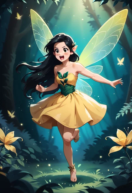 masterpiece, high quality, a girl dancing in a magical forest, dynamic action pose, cute, black long hair, yellow dress,Fairy Wings , j_huiben