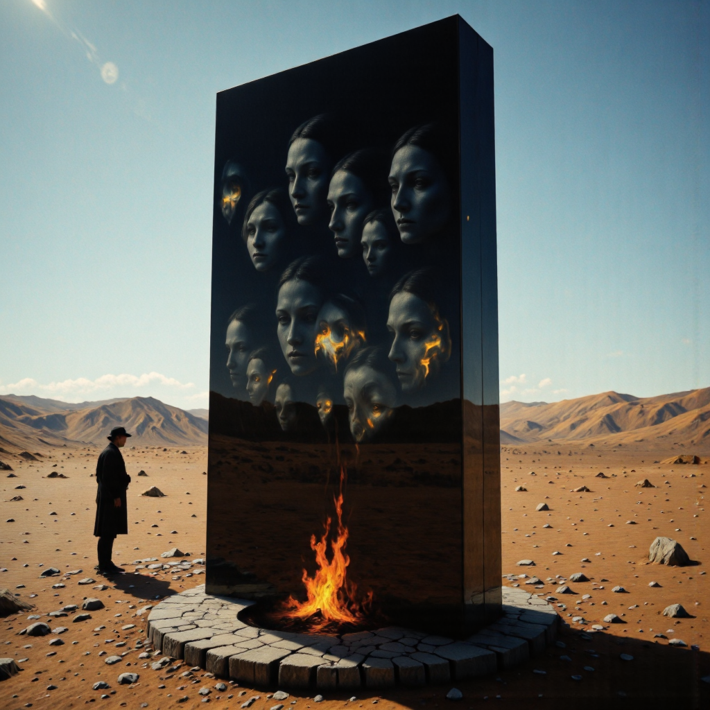 cinematic film still <lora:Crythaea-000001:0.8> <lora:FLUX.1-Turbo-Alpha:1> <lora:Obelisks_of_the_Forgotten_Starforge:0.8>A towering, angled slab of dark reflective metal stands on a desert plain, with countless ghostly faces barely visible beneath the surface. Some eyes are closed, others watch the horizon. Light bends unnaturally near it. A circular platform at its base hums with heat. This is not a reflection â itâs a holding field. Every face belongs to a voice lost in another dimension. . shallow depth of field, vignette, highly detailed, high budget, bokeh, cinemascope, moody, epic, gorgeous, film grain, grainy, RAW candid cinema, 16mm, color graded portra 400 film, remarkable color, ultra realistic, textured skin, remarkable detailed pupils, realistic dull skin noise, visible skin detail, skin fuzz, dry skin, shot with cinematic camera