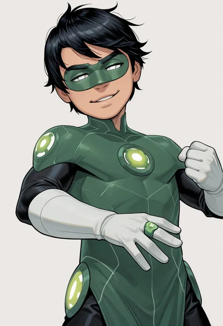 masterpiece, absurdres, high quality, perfect anatomy, 1boy, solo, cute boy, male focus, TaiPham, Black Hair, Green Lantern Ring, Green Lantern Costume, Green and Black body armor, Green Domino Mask, White Eyes, White Gloves, Pelvic Curtain, shortstack, upper body, mecha musume, dynamic, dynamic angle, ((solo)), mecha armor, looking at viewer, smug face, parted lips, dynamic pose, fighting stance, cinematic, intricately detailed illustration, depth of field, masterpiece, best quality, amazing quality, very aesthetic, absurdres, newest, very awa,  shadow, dynamic angle, casual cosplay, simple background,