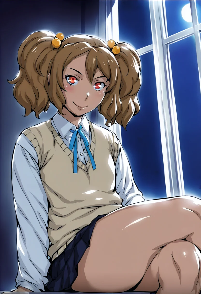 artist:Orushibu, eruzanakanishi, 1girl, smile, looking at viewer, twintails, hair ornament, school uniform, sweater vest, blue ribbon, skirt, sitting, crossed legs, indoors, night, dark, window, moonlight, <lora:eruzanakanishi-illu-v4:0.8>