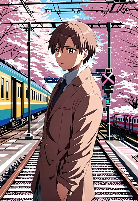 high resolution, solo, best quality, 1Boy, Takaki Toono, Brownish Hair, Brown Eyes, Train Crossing, Sakura, Cherry Blossom, OverallDetail