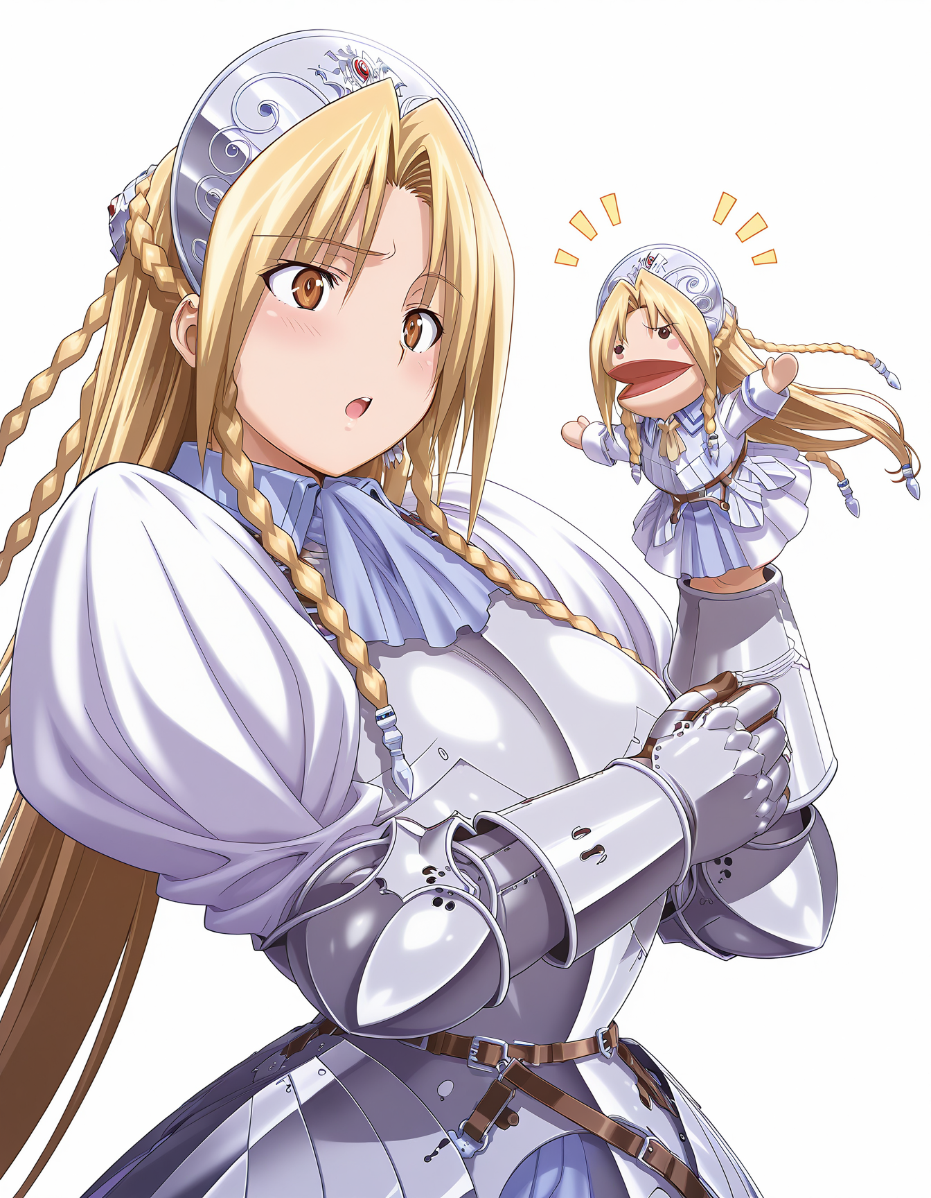 masterpiece, best quality, amazing quality, ultra high res, official art, incredibly absurdres, ultra detailed, 
1girl, solo, iria(ryouki_ii), blonde hair, long hair, twin braid, brown eyes, beautiful detailed eyes, detailed face, detailed skin, large breasts, BREAK 
armored dress, 
lovestruck, :o, looking at another, standing, hppt,hand puppet, happy aura, simple background, white background, face focus, deep contrast of light and dark <lora:hand_puppet_IL_v1:1>
 <lora:iria(ryouki_II) v1.0-000014:1>