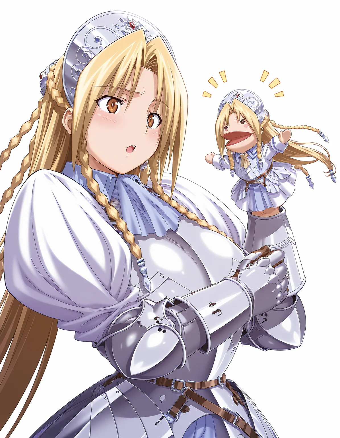 masterpiece, best quality, amazing quality, ultra high res, official art, incredibly absurdres, ultra detailed,
1girl, solo, iria(ryouki_ii), blonde hair, long hair, twin braid, brown eyes, beautiful detailed eyes, detailed face, detailed skin, large breasts, BREAK
armored dress,
lovestruck, :o, looking at another, standing, hppt,hand puppet, happy aura, simple background, white background, face focus, deep contrast of light and dark <lora:hand_puppet_IL_v1:1>
<lora:iria(ryouki_II) v1.0-000014:1>