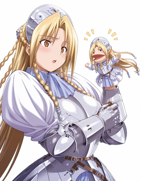 masterpiece, best quality, amazing quality, ultra high res, official art, incredibly absurdres, ultra detailed,
1girl, solo, iria(ryouki_ii), blonde hair, long hair, twin braid, brown eyes, beautiful detailed eyes, detailed face, detailed skin, large breasts, BREAK
armored dress,
lovestruck, :o, looking at another, standing, hppt,hand puppet, happy aura, simple background, white background, face focus, deep contrast of light and dark <lora:hand_puppet_IL_v1:1>
<lora:iria(ryouki_II) v1.0-000014:1>