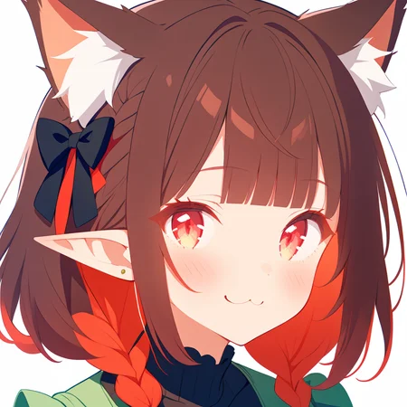 1girl,
solo, portrait, simple background, animal ears, shirt, red hair, braid, looking at viewer, twin braids, extra ears, animal ear fluff, smile, :3, black bow, black shirt, hair bow, cat ears, bow, green dress, long sleeves, closed mouth, red eyes, dress, blush, blunt bangs, white background, pointy ears,
masterpiece, best quality, safe
<lora:mki-ani31-TMND-v2-000050:1> <lora:outline_xl_end:-3>