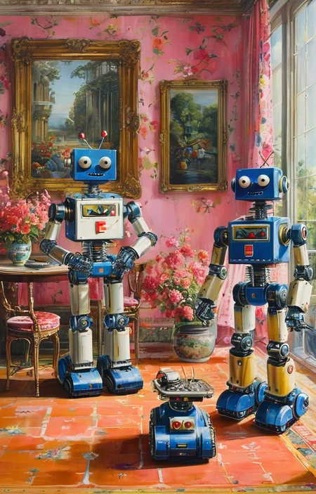 masterpiece,best quality,<lora:tbh343-sdxl:0.75>,illustration,style of Mario Buatta portrait of Housework robots