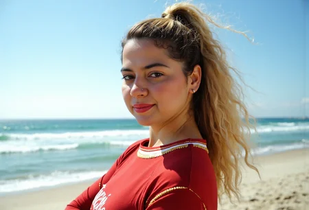 photograph of (35 year old pakistani cheerleader posing on a beach, blonde hair with a high tight ponytail,), (a vibrant scene unfolds as we observe the radiant smile of a confident and charismatic 35-year-old woman, her naturally curly black hair is styled into an elegant updo, complemented by her striking blonde highlights that cascade down to frame her face in natural sunlight streaming through a clear blue sky above,), (,), (cheerful, dynamic), (pakistani cheerleader, woman of color confidence), (natural daylight, sunlit beach ambiance), (beach setting with a backdrop of clear blue sky and sparkling ocean waves), ((high quality:1.4), (best quality:1.4), (masterpiece:1.4), (8k resolution), (2k wallpaper)), (raw photo, best quality), (realistic, photo-realistic:1.2), (bokeh, cinematic shot, dynamic composition, incredibly detailed, sharpen, details, intricate detail, professional lighting, film lighting, 35mm, anamorphic, lightroom, cinematography, bokeh, lens flare, film grain, hdr10, 8k). revealing high angle composition. during bright mid-morning. using soft, ambient daylight. shot on phase one xf iq4 150mp, full body, ([indian:czech:0.5] woman 36-years-old :1.15), curvy, (brown eyes:1.05), (almond eyes shape:1.05), (red lips:1.05), happy, (long straight hair style:1.05), (multicolored hair color:1.05), (long hair length:1.05), natural skin, (detailed skin:1.4), (skin pores:1.2), (skin imperfections:1.02), (freckles:1.25), (eyes details:1.19), (iris details:1.19), (natural makeup:1.05), (pink make-up color:1.05), (eyeshadow make-up:1.05), (eyeliner make-up:1.05), (mascara make-up:1.05), (blush make-up:1.05), (lipstick make-up:1.05), (lip gloss make-up:1.05), (contrapposto pose:1.25), natural light, fashion photography, hdr look, (professional photo, balanced photo, balanced exposure:1.2)