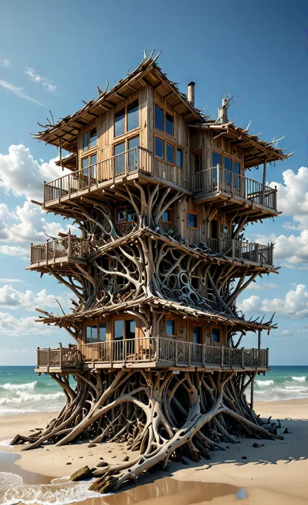 organic, tropical beach house, uneven, unconventional, modern architecture made of driftwood house on stilts, chaotic, organic design, bezier, <lora:Driftwood_Detailed_Art_-_By_DICE:1>, (Very Intricate), Epic, <lora:3D_Framed_Wall_Art_-_By_DICE:0.6>,(3D Framed, Macabre), UHD