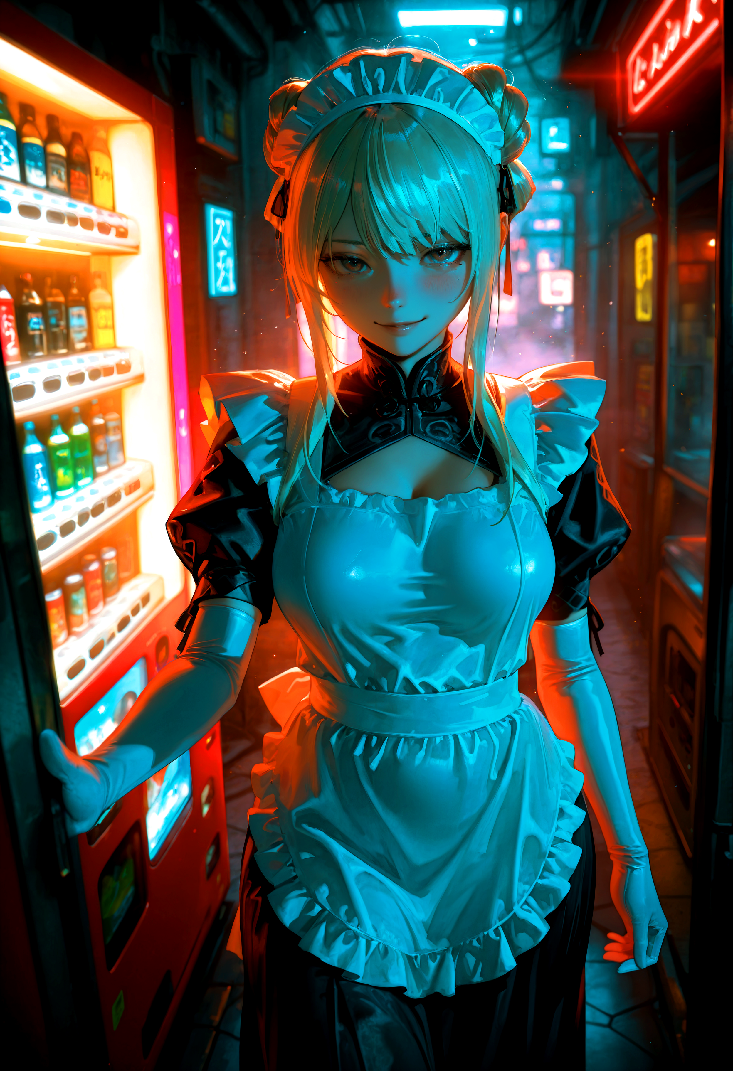 HDR, 8K, high contrast, masterpiece, best quality, amazing quality, very aesthetic, superabsurd res, high resolution, ultra-detailed, absurdres, newest, scenery, (horikoshi kouhei:0.3), (quasarcake:0.3), (wlop:0.3), light rays, chiaroscuro, dynamic angle, close up, oo_lym, 1girl, brown eyes, double bun, long hair, bangs, blonde hair, medium breasts, curvy, wide hips, maid, maid headdress, apron, elbow gloves, white gloves, looking at viewer, blushing, seductive smile, plump lips, standing , breast focus, neon lights, cyberpunk, shop, vending machine, fog, partially illuminated, (backlighting), Intricately designed, Mysterious, BREAK, photorealistic, beautiful detailed eyes, detailed skin, detailed hair, volumetric lighting, dappled light, light particles, dramatic shadows, cinematic lighting, depth of field, <lora:ponyxl\cfg_scale_boost:0.8> <lora:IL\KMS_OO_Lym_IL-000007:0.9>